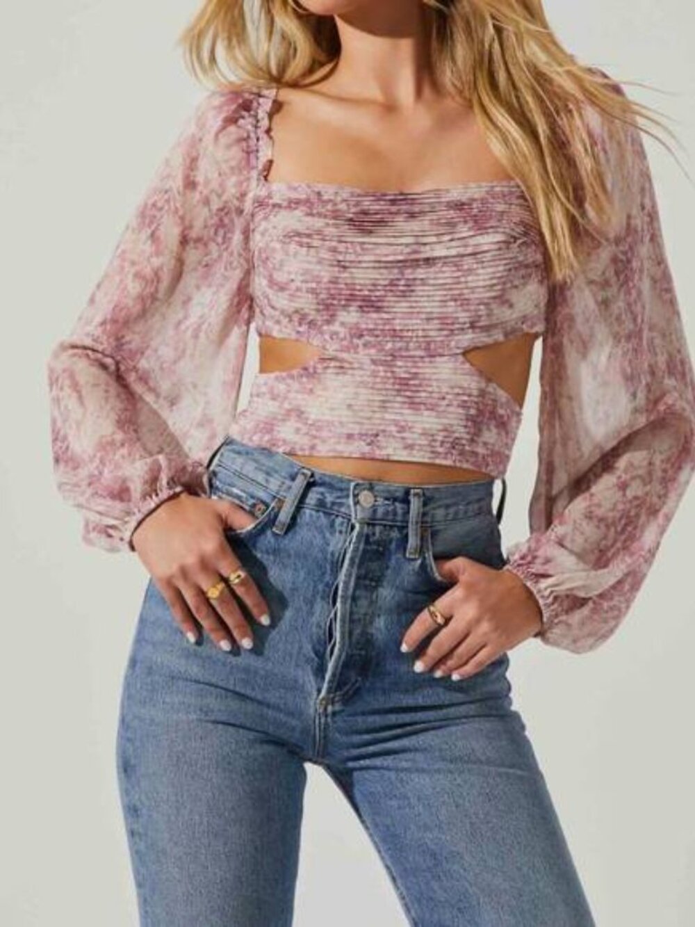 ASTR the Label Savita Cutout Ruched Top Pink Abstract Size M Open Back Boho